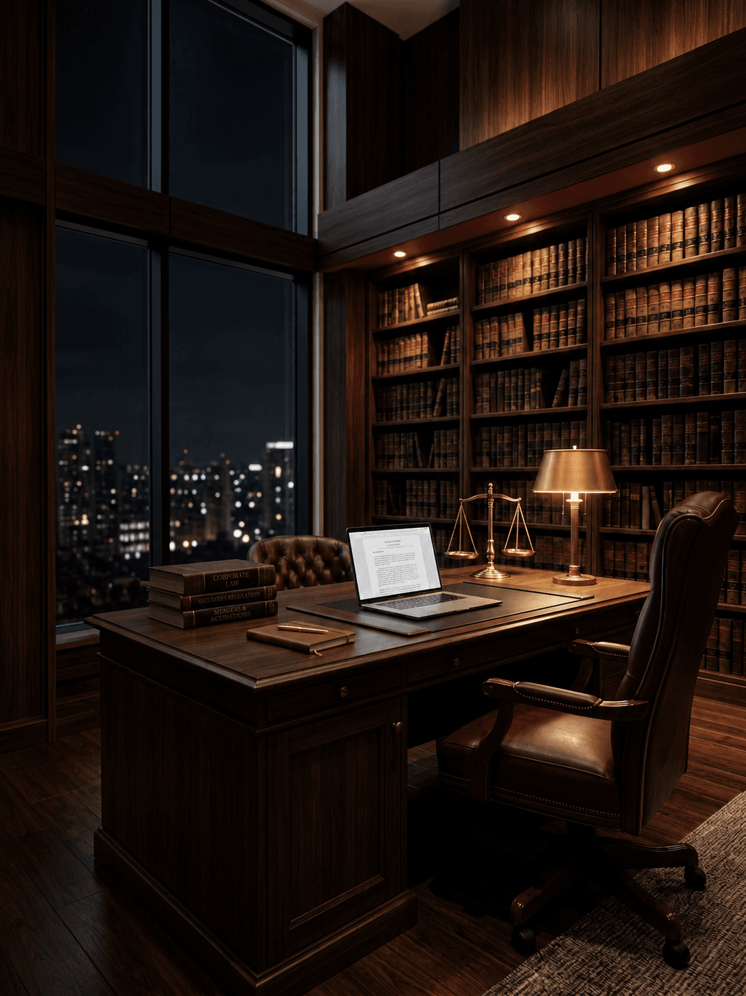 Luxury corporate law office with scales of justice